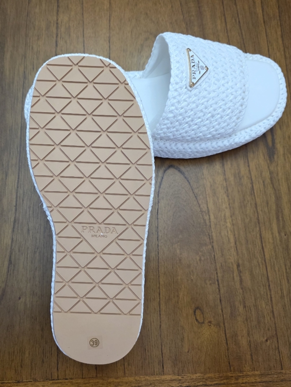 Prada White  Woven Slide Sandals  (New) - Picture 7 of 9